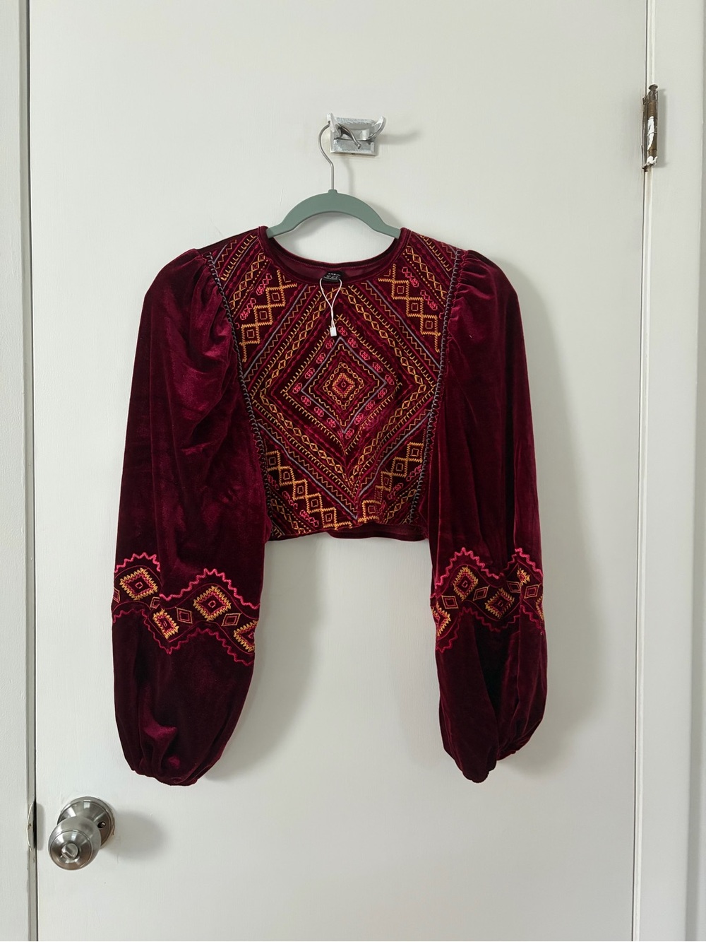 SHEIN Burgundy Velvet Embroidered Cropped Peasant Top